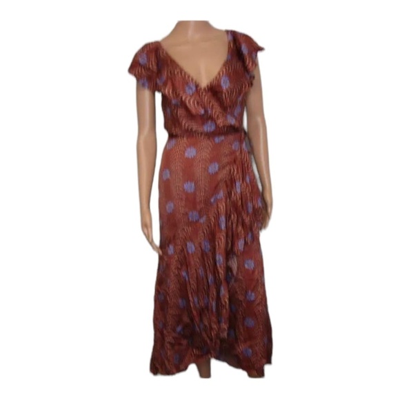NWT BY ANTHROPOLOGIE Ruffle Sleeve Printed Wrap Maxi Dress Mauve XS - Picture 7 of 9